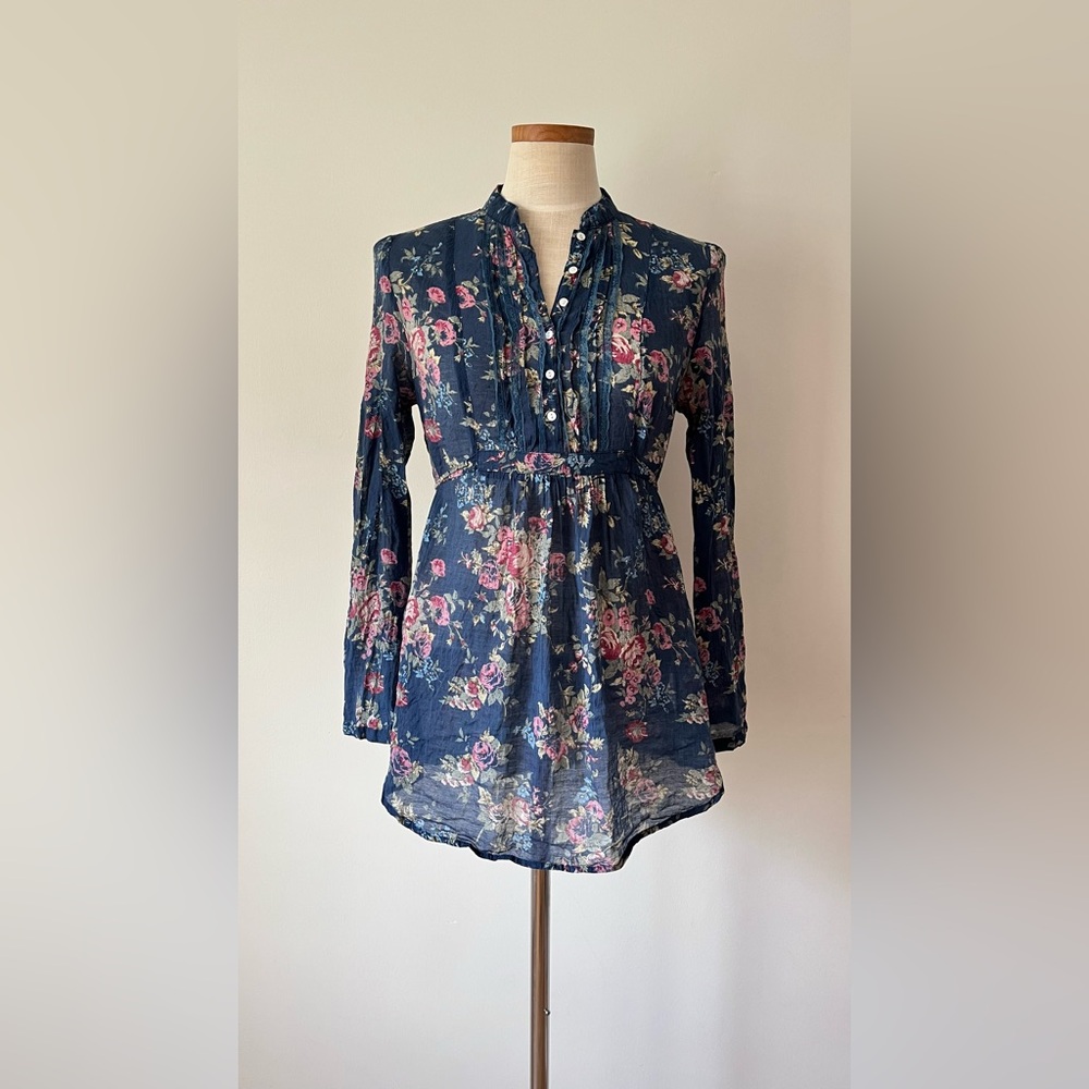 Papaya Floral Tie Waist Tab Sleeve Mandarin Collar Button Blouse Size M